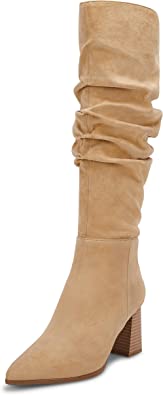 Photo 1 of Coutgo Womens Knee High Boots Low Chunky Block Heels Pointed Toe Side Zipper Faux Suede Fall Winter Ruched Cowboy Cowgirl Boot - 9.5