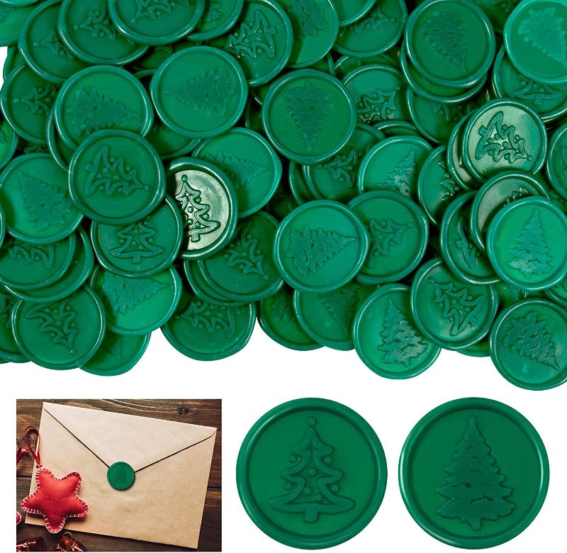 Photo 1 of 100Pcs Christmas Wax Seal Stickers- Christmas Tree Style Adhesive Wax Seal Stickers for Christmas Bridal Shower Party Favors Invitations Greeting Cards (Dark Green) 