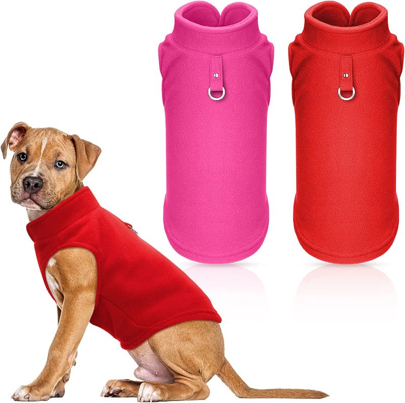 Photo 1 of 2 Pieces Dog Fleece Winter Coat Jacket Cold Weather Sweater for Small Dogs Windproof Warm Dog Pullover with Leash Ring (Pink, Red,Size L) 