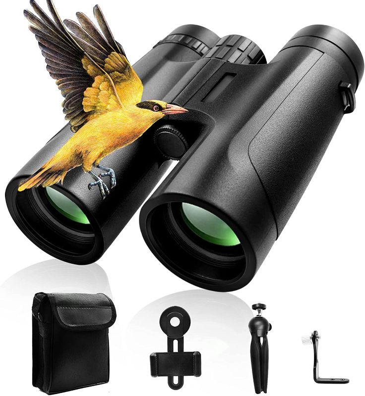 Photo 1 of 12x42 HD Binoculars for Adults, Birding Binoculars with Phone Adapter and Tripod, Fog & Waterproof Binoculars with Low Light Vision Large View, High Power Binoculars for Bird Watching Hunting Travel 