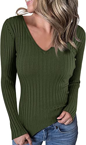 Photo 1 of Ephanny Women's Rib Pullover Sweater Classic Elastic Solid Color Long Sleeve V-Neck Sweaters - SMAAL