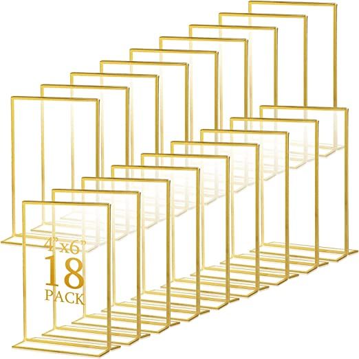 Photo 1 of 18 Pack Gold Frame Acrylic Sign Holder Table Number Holders Wedding Sign Double Sided Picture T Shape Vertical Clear Stand for Restaurant Menu Home Photo Display (Vertical, 4 x 6 Inch)
