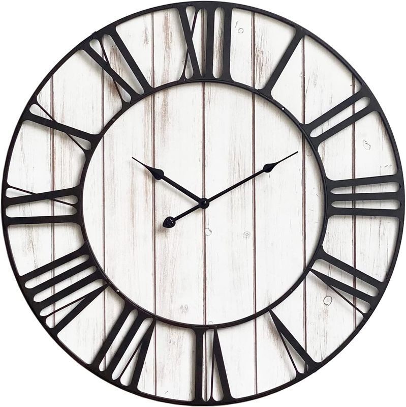 Photo 1 of 24 Inch Large Farmhouse Wood Shiplap Wall Clock, Rustic Solid Wood Plank with Metal Frame, Non-Ticking Silent Movement Wall Clock for Home,Kitchen,Living Room,Battery Operated (Whitewash)
