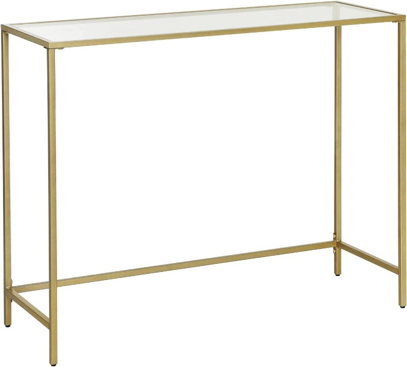 Photo 1 of  VASAGLE 39.4” Console Table, Tempered Glass Sofa Table, Modern Entryway Table, Metal Frame, Easy to Assemble, Adjustable Feet, for Living Room, Hallway, Gold Color ULGT26G 