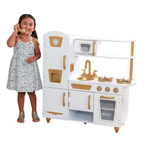 Photo 1 of  KidKraft Exclusive Edition Modern White Play Kitchen with Gold Accents & 27Piece Cookware Set 