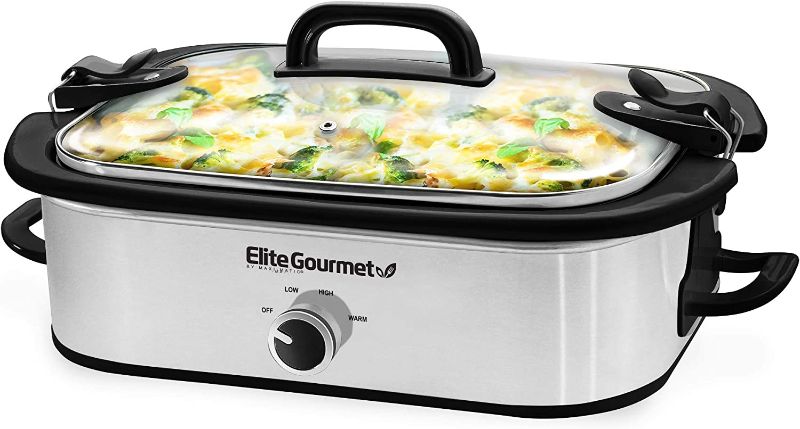 Photo 1 of  Elite Gourmet MST-5240SS Crock Slow Cooker, Locking Lid Adjustable Temperature Keep Warm Oven & Dishwasher-Safe Casserole Pan, 3.5Qt Capacity, Stainless Steel 