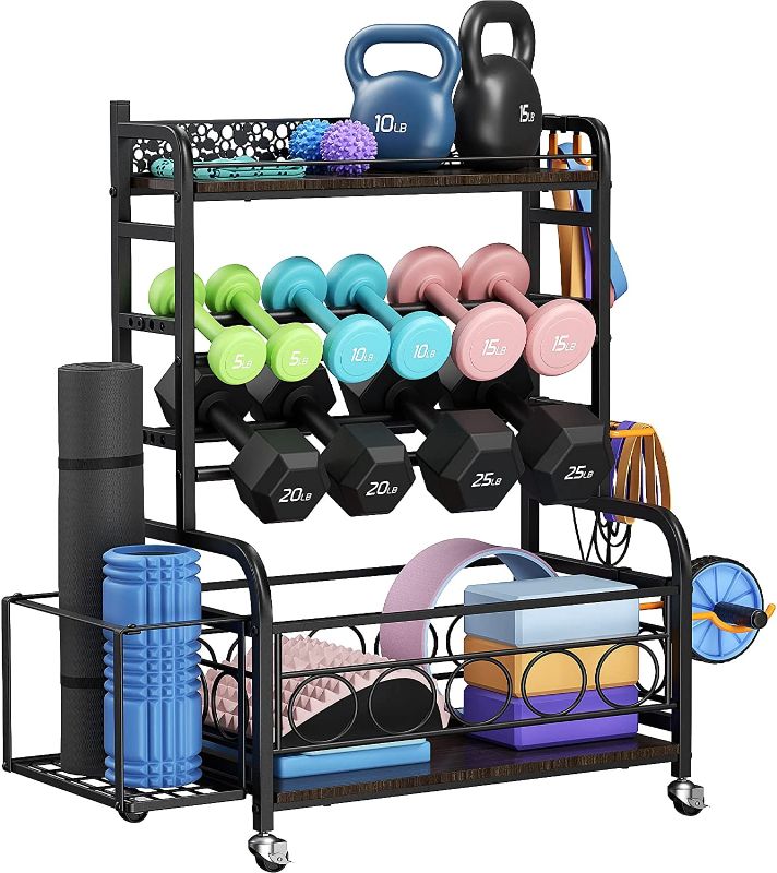 Photo 1 of  Weight Rack for Dumbbells, Dumbbell Rack Weight Stand, VOPEAK Home Gym Storage Rack for Yoga Mat Kettlebells and Strength Training Equipment, Weight Storage Holder Rack for Dumbbells with Wheels 