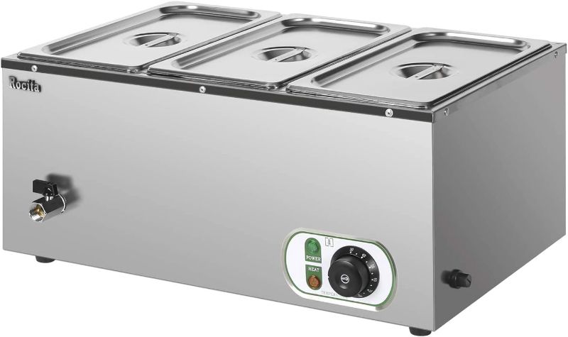 Photo 1 of 110V 3- Pan Commercial Bain Marie Buffet Food Warmer Large Capacity 21 Quart, 1500W Electric Steam Table 6inch Deep Stainless Steel Countertop Food Warmer for Parties, Catering and Restaurants
