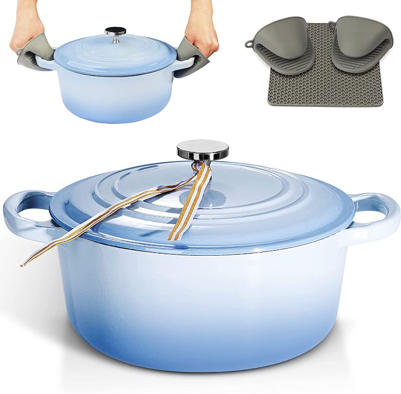 Photo 1 of 3 Quart Enamel Cast Iron Dutch Oven with Loop Handles, Covered Dutch Oven, Enamel Stockpot with Lid, Blue
