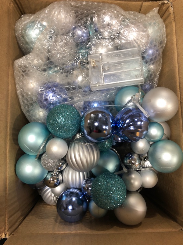 Photo 2 of 6feet LED Lighted Christmas Ball Garland, Home Party Ball Ornaments Decors, Xmas Front Door Decoration with 20PCS LED Lights,Hanging Christmasgarland for Party,New Year(Blue+Blue Green+Silver)