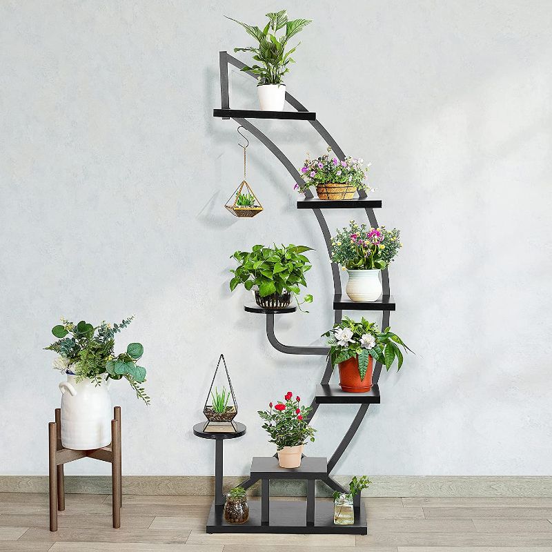 Photo 1 of  VIVOHOME 6 Tier 9 Potted Steel-Wood Plant Stand with Hanger, Curved Flower Pot Holder Shelf for Indoor, Black 