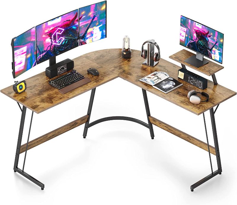 Photo 1 of Cubiker L Shaped Desk, Computer Corner Desk, Gaming Desk with Monitor Stand, Home Office Study Writing Workstation, Space-Saving, Rustic Brown 55.1"D x 47.3"W x 29.5"H

