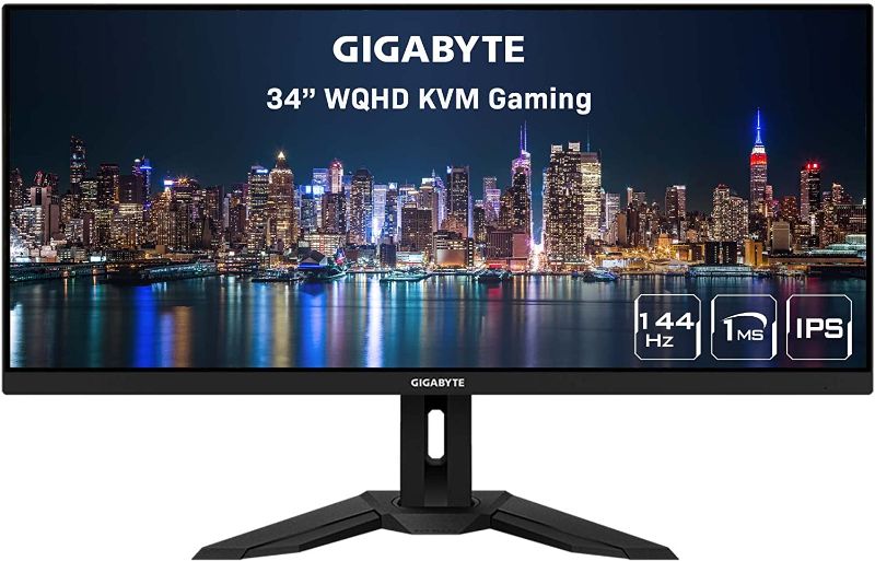 Photo 1 of GIGABYTE M34WQ 34" 144Hz Ultrawide KVM Gaming Monitor, 3440 x 1440 IPS Display, 1ms (MPRT) Response Time, 91% DCI-P3, HDR Ready, 1 Display Port 1.4, 2 HDMI 2.0, 2 USB 3.0, 1 USB Type-C
