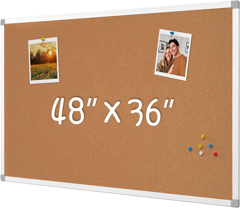 Photo 1 of  AKTOP Cork Board Bulletin Board, 48 X 36 Inches Corkboard for Wall, Silver Aluminium Frame, Perfect for Office and School Projects 