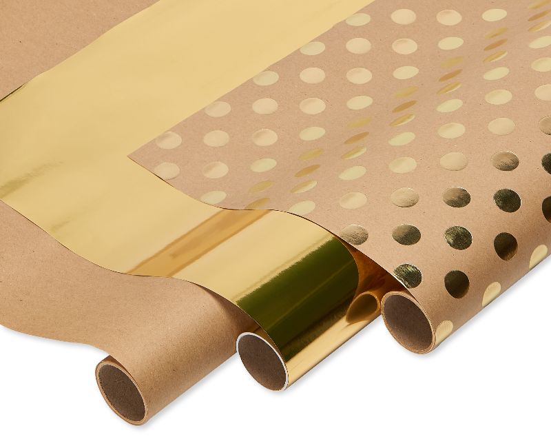 Photo 1 of  American Greetings Wrapping Paper Bundle Kraft and Gold Polka Dots (3 Rolls 75 Sq. Ft) 