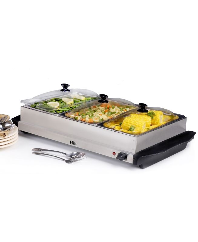 Photo 1 of  Elite Gourmet 7.5Qt. Triple Buffet Server Food Warmer with Temperature Control and Clear Slotted Lids 