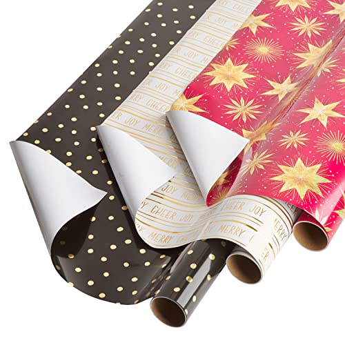 Photo 1 of  Papyrus Wrapping Paper Bundle (Black + Gold Dots, Joy, Stars) for Christmas, Hanukkah, Kwanzaa and All Holidays (3 Rolls, 67.5 Sq. Ft) 