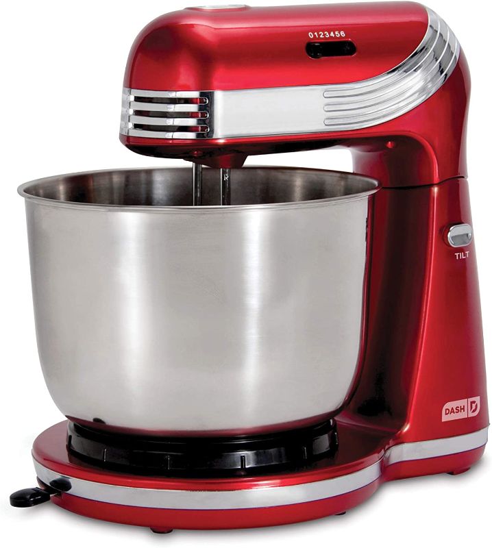 Photo 1 of  DASH Stand Mixer (Electric Mixer for Everyday Use): 6 Speed Stand Mixer with 3 qt Stainless Steel Mixing Bowl, Dough Hooks & Mixer Beaters for Frosting, Meringues & More - Red, DCSM250RD 