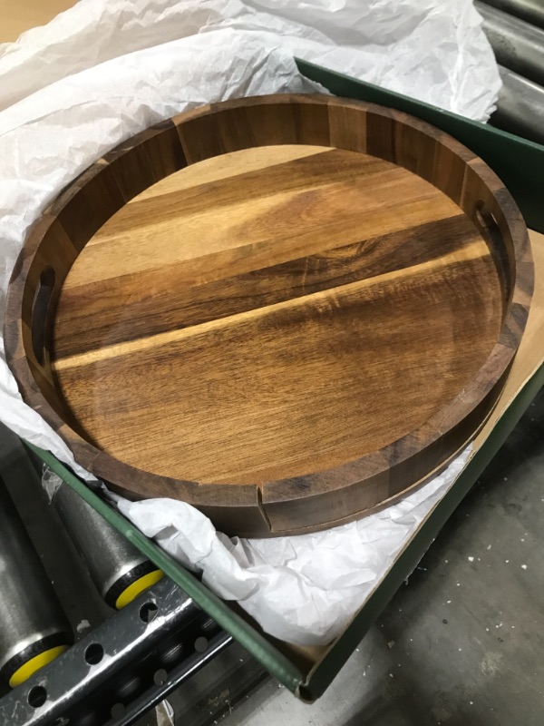 Photo 2 of 14" Wooden Tray, Natural Acacia Wood, Lazy Susan Rotating Mechanism Base Serving Tray Round, Carved Handles & Rimmed Edge Rustic Centerpiece Display