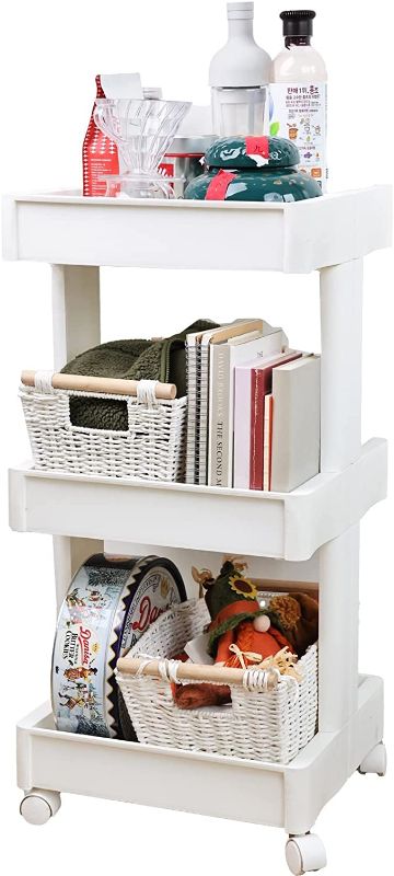 Photo 1 of 3-Teir Bathroom Shelf, with Roller, Removable,?Storage Cart ,Kitchen Organization,White Trolley Cart with Locking Wheels 