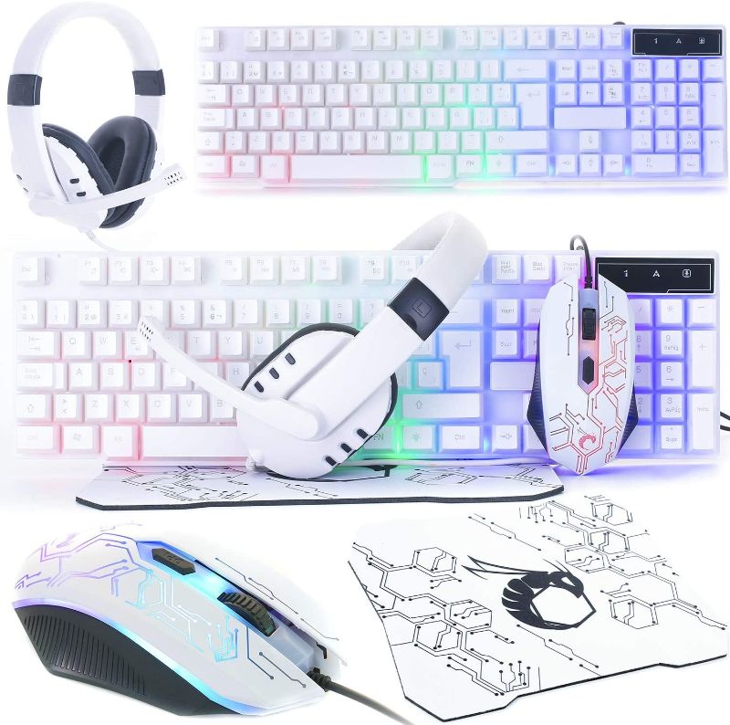 Photo 1 of Gaming Keyboard and Mouse and Gaming Headset & Mouse Pad, Wired LED RGB Backlight Bundle for PC Gamers Users - 4 in 1 White Edition Hornet RX-250
