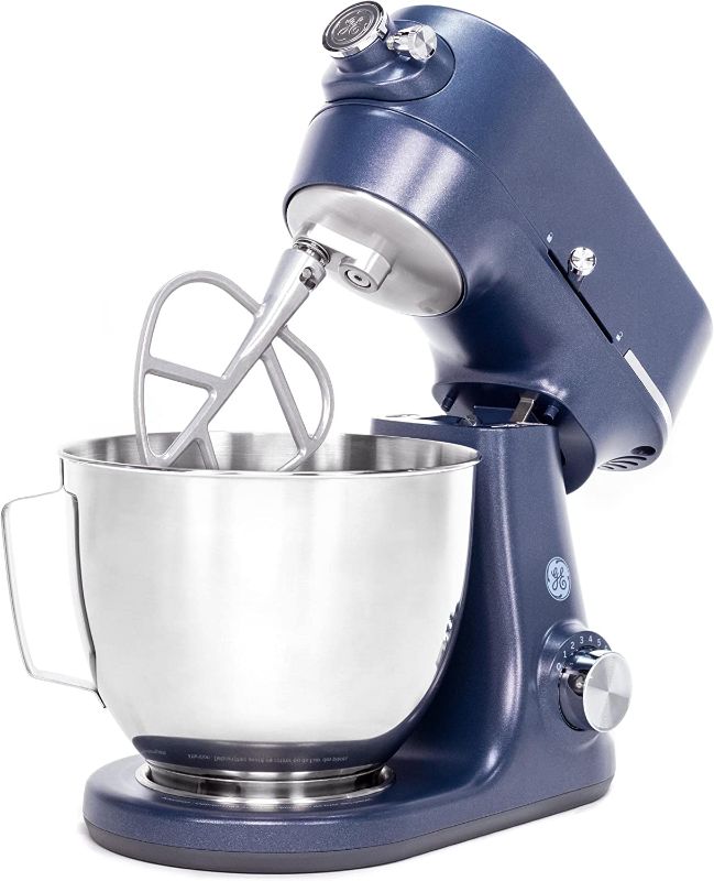 Photo 1 of GE Tilt-Head Electric Stand Mixer | 7-Speed, 350-Watt Motor | Includes 5.3-Quart Bowl, Flat Beater, Dough Hook, Wire Whisk & Pouring Shield | Countertop Kitchen Essentials | Sapphire Blue
