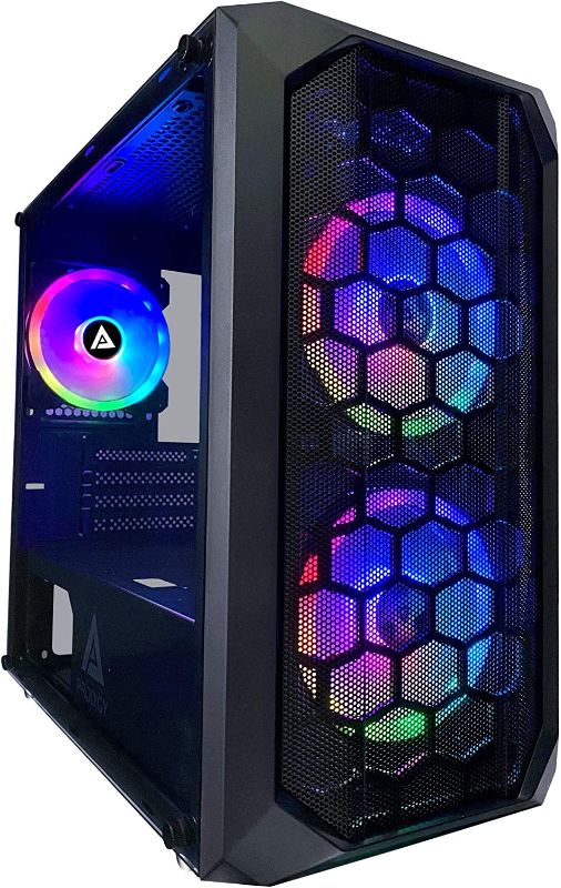 Photo 1 of Apevia PRODIGY-BK Micro-ATX Gaming Case with 1 x Tempered Glass Panel, Top USB3.0/USB2.0/Audio Ports, 3 x RGB Fans, Black Frame --- Dented side panel and dented frame.
