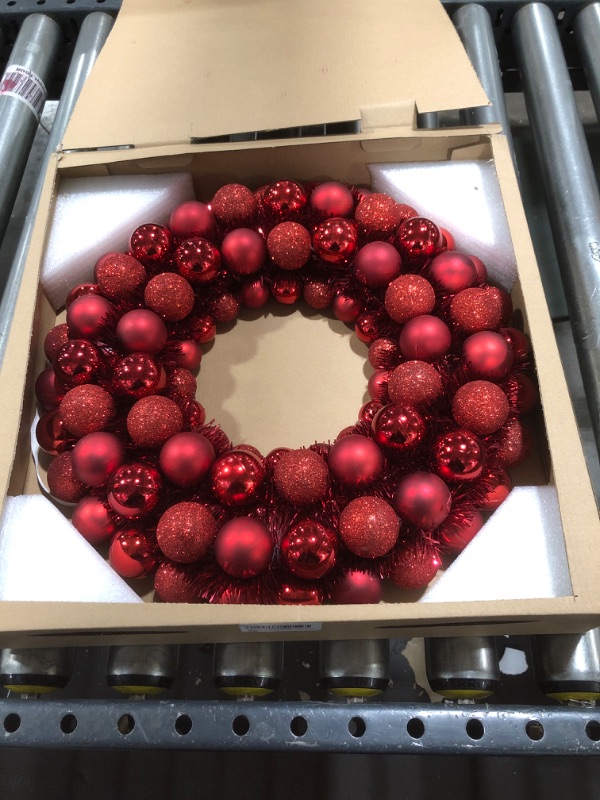 Photo 2 of 16 Inch Christmas Ball Wreath Home Party Decors Xmas Front Door Decorative Hanging Christmaswreaths Ball Ornaments Red