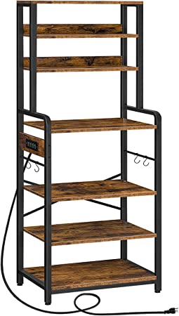 Photo 1 of HOOBRO Bakers Rack with Power Outlet, 68.1inch Height, Microwave Stand with 4 S-Shaped Hooks, 7-Tier Kitchen Shelves, Coffee Station, for Kitchen, Living Room, Coffee Bar, Rustic Brown BF06HB01
