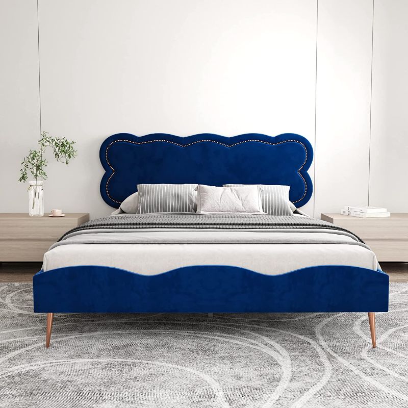 Photo 1 of AGARTT Upholstered Platform Queen Size Bed Frame with Headboard Mattress Foundation Easy Assembly No Box Spring Needed Dark Blue
