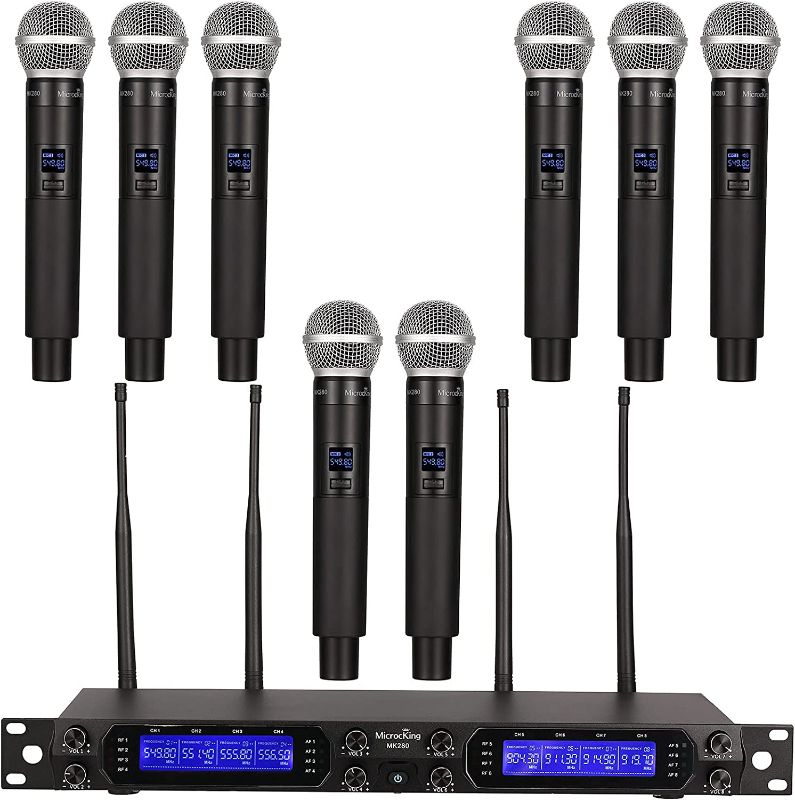 Photo 1 of MicrocKing Wireless Microphone System, UHF 8-Channels Cordless Mic Set with Metal Handheld Mics, Rugged Metal Build, 300ft, Ideal for Karaoke/Party/DJ/Wedding/Speech/Outdoor Events(MK-280)
