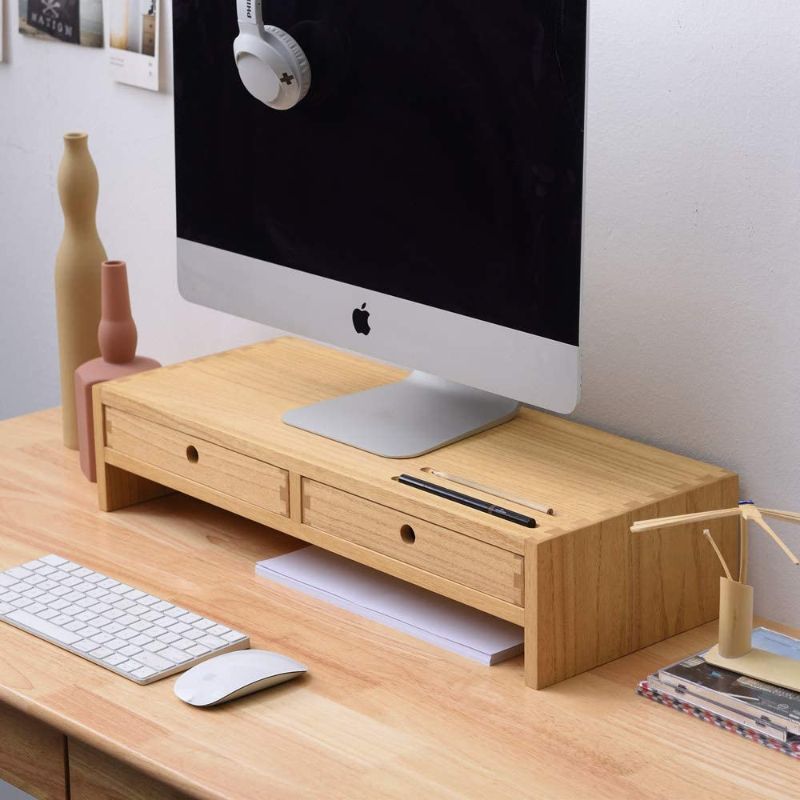 Photo 1 of Kirigen Wood Monitor Stand with 2 Drawers - Computer Arm Riser Desk Storage Organizer,Speaker TV Laptop Printer Stand with Pen Slot and Cable Management,2-Tier Desktop Shelf NA-2PMJ
