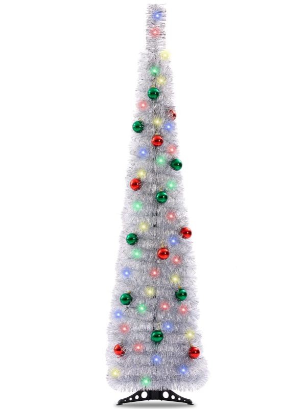 Photo 1 of 5 Ft Christmas Tinsel Tree, Silver Collapsible Pop up Tree with 15 Colored Lights and 15 Ball Ornaments, Tinsel Christmas Pencil Tree with Stand, for Xmas Indoor Small Space Home Decorations | Silver