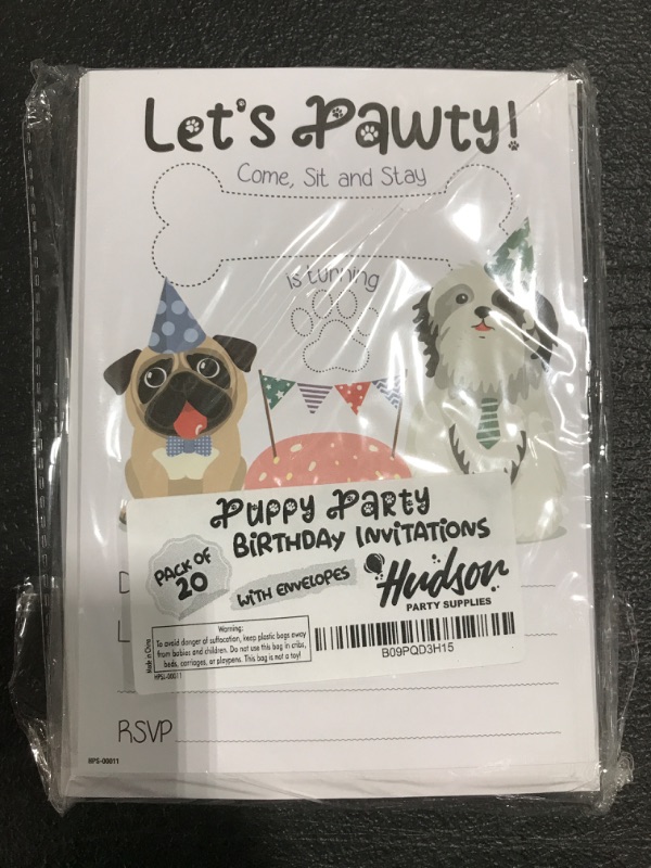 Photo 2 of Pug Birthday Party Invitations with Envelopes - (Pack of 20) - Puppy Party Invites for Girls, Boys, Toddlers, Children and More. Puppy Party Supplies. Fill In Style.