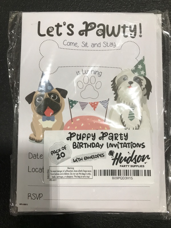 Photo 2 of Pug Birthday Party Invitations with Envelopes - (Pack of 20) - Puppy Party Invites for Girls, Boys, Toddlers, Children and More. Puppy Party Supplies. Fill In Style.