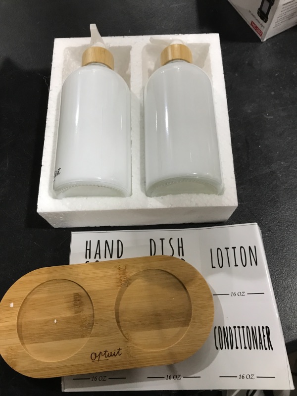 Photo 2 of 2 Pack Kitchen Soap Dispenser Set with Bamboo Tray, Glass Soap Dispenser Pump, Hand and Dish Soap Dispenser Set for Bathroom, Refillable Lotion Dispenser Sanitizer Shampoo Conditioner Labels (White)