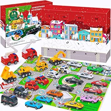 Photo 1 of 2022 Advent Calendar for Kids, 24 Surprises Vehicles Countdown Calendar, Christmas Calendar Gifts for Boys Girls with 2 Play Mats Countdown Collectible Miniature Vehicle Toys for 3-12 Year Old Boys