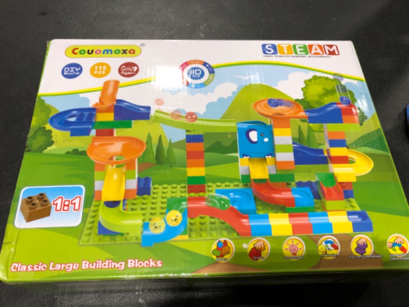 Photo 1 of COUOMOXA Marble Run Building Blocks Classic Big Blocks STEM Toy Bricks Set Kids Race Track Compatible with All Major Brands 110 PCS Various Track Models for Boys Girls Toddler Age 3,4,5,6,7,8+ 110 marble run