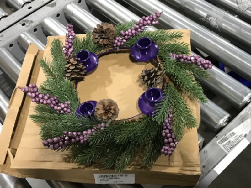 Photo 1 of [Safety Fire Retardant] Christmas Purple Advent Wreath Decoration, Realistic Spruce Christmas Centerpiece with 4 Candle Holder Pinecone 6 Berry Advent Decor for Table Holiday Home Church (No Candles)