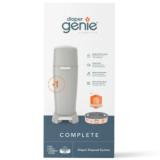 Photo 1 of Diaper Genie Complete Diaper Pail (Gray) with Antimicrobial Odor Control, Includes 1 Diaper Trash Can, 1 Refill Bags, 1 Carbon Filter
