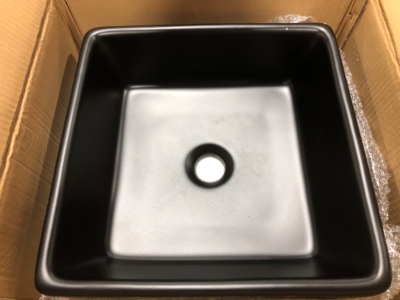 Photo 2 of Matte Black Bathroom Sink Square-SOMRXO 15"X15" Black Bathroom Vessel Sink Ceramic Square Top Mount Bathroom Vanity Vessel Farmhouse Sink 15"(L)x15"(W)x5"(H) Matte Black