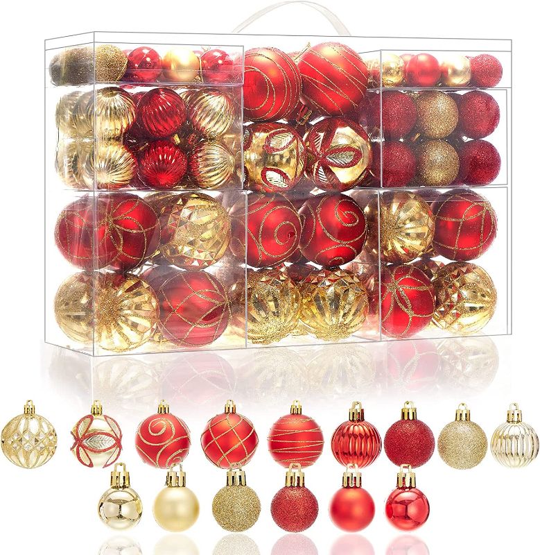 Photo 1 of 124 Pcs Christmas Ball Ornaments Set, Shatterproof Christmas Balls Decorations, Assorted Decorative Hanging Christmas Tree Ornaments Baubles for Party Holiday Decor, Red Gold https://a.co/d/ew6BRzd