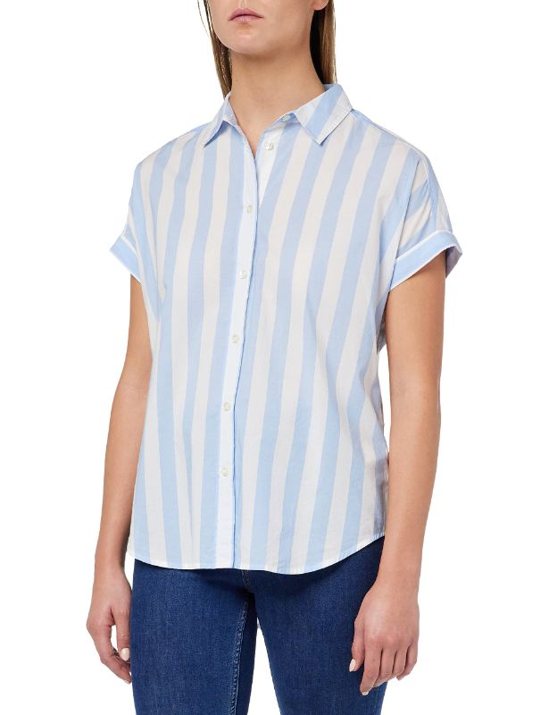 Photo 1 of Amazon Brand - Goodthreads Women's Oversized Lightweight Cotton Short-Sleeve Shirt X-Large Blue/White, Wide Stripe