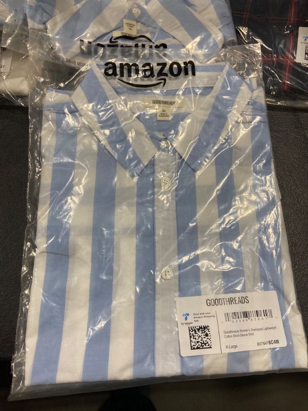Photo 2 of Amazon Brand - Goodthreads Women's Oversized Lightweight Cotton Short-Sleeve Shirt X-Large Blue/White, Wide Stripe