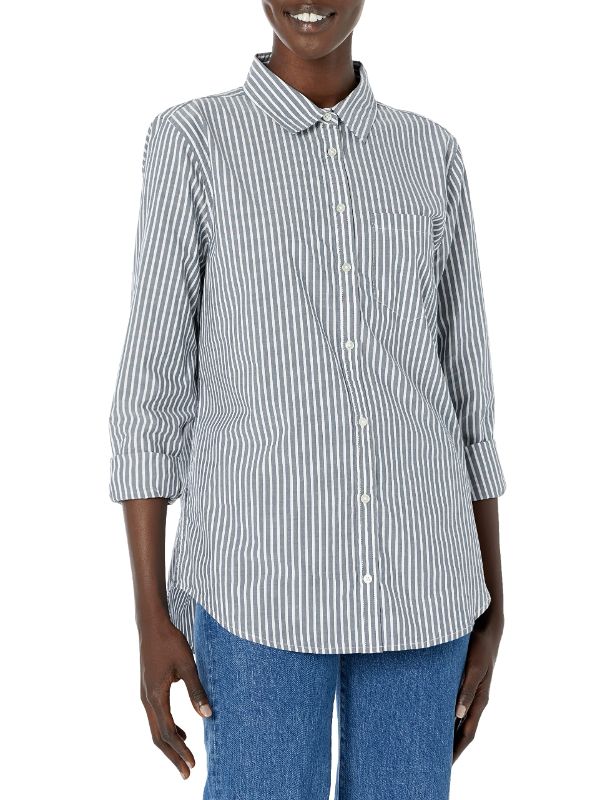 Photo 1 of Amazon Essentials Women's Classic-Fit Long-Sleeve Button-Down Poplin Shirt Medium Indigo, Stripe
