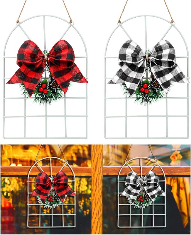 Photo 1 of 2 Pieces Christmas Metal Hanging Decorations Bows Christmas Wall Plaque Signs Christmas Indoor Wall Hanging Ornament Rustic Farmhouse Christmas Decor Wreath Plaque Signs with 2 LED Lights 