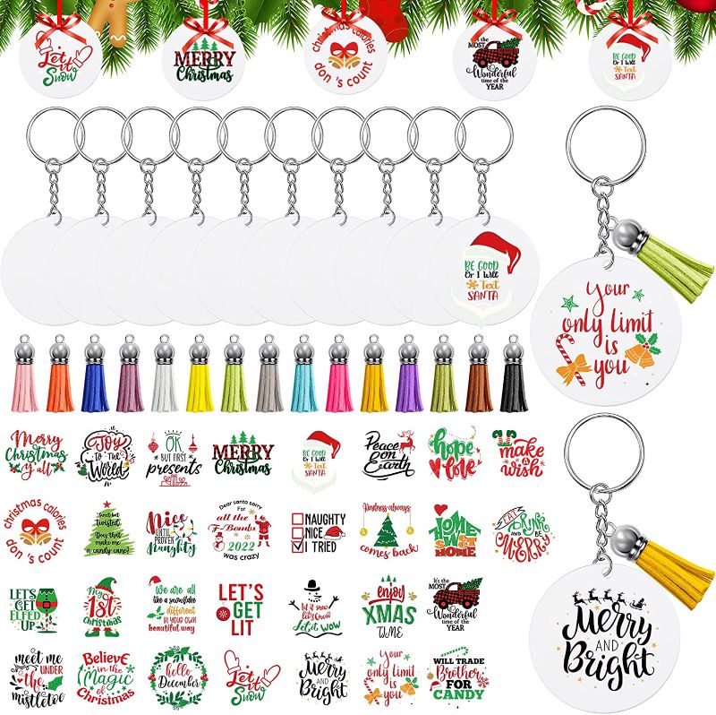 Photo 1 of 150 Pieces 2 Inch Christmas Acrylic Keychain Blanks with Vinyl Christmas Inspirational Stickers Christmas Ornament Hanging Acrylic Ornament Blanks Clear Ornaments for DIY Keychain Vinyl Crafting 