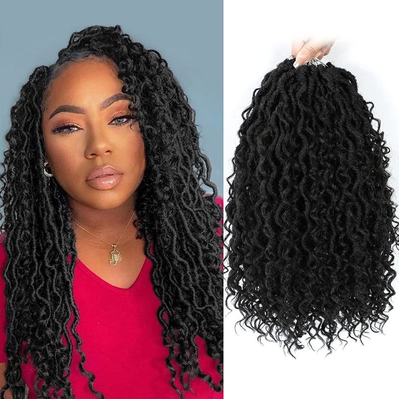 Photo 1 of 2 Pieces New Goddess Locs Crochet Hair 18" Curly Waves Down Winding Hippie Boho Faux Hair Synthetic Braid Hair Extensions (18inch-(2pack), 1B)