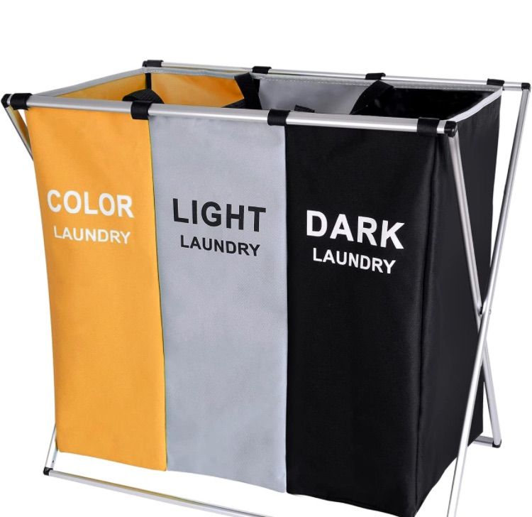 Photo 1 of 135L Laundry Cloth Hamper Bag Sorter Basket Bin Foldable 3 Sections with Aluminum Frame 24'' × 14'' x 23'' Washing Storage Dirty Clothes Bag for Bathroom Bedroom Home (YELLOW)