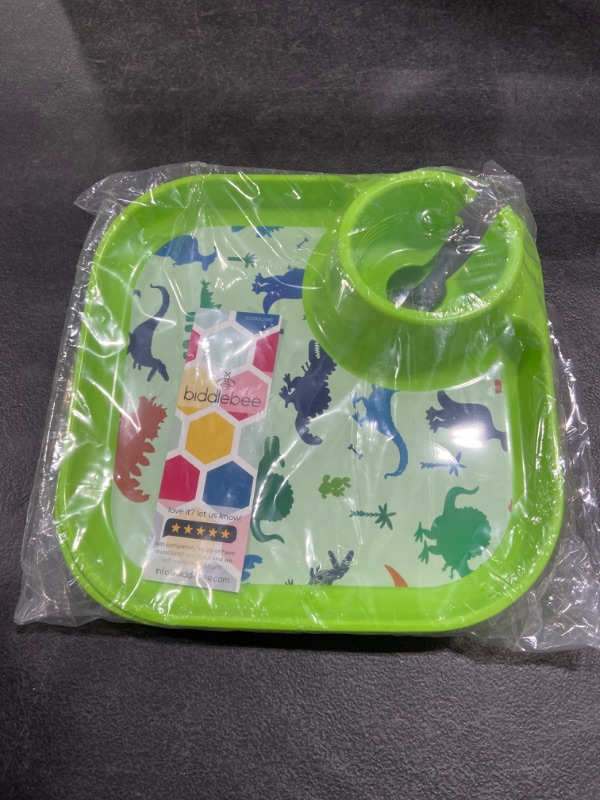 Photo 2 of 2-Pack Kids Reusable Plastic Plates with Built-In Cup Holder - Easy to Hold Food Snack Tray & Beverage Holder for Children - Dishwasher & Microwave Safe - Made in USA (Dinosaurs) 2 Pack Dinosaurs